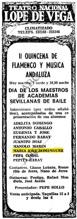 Anuncio de la actuación de María José Domínguez en la II Quincena de Flamenco y Música Andaluza de Sevilla (ABC de Sevilla, 2-12-1980).