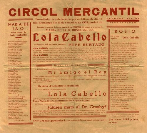 Publicidad de la actuación de Lola Cabello en el Círculo Mercantil de Barcelona, 14-9-1935. 