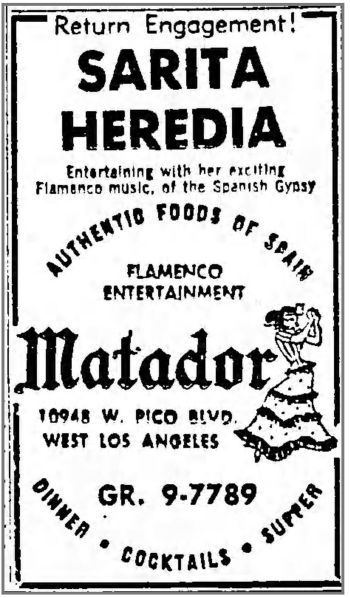 Publicidad de Sarita Heredia en The Matador (The Los Angeles Times, 4-11-1962). 